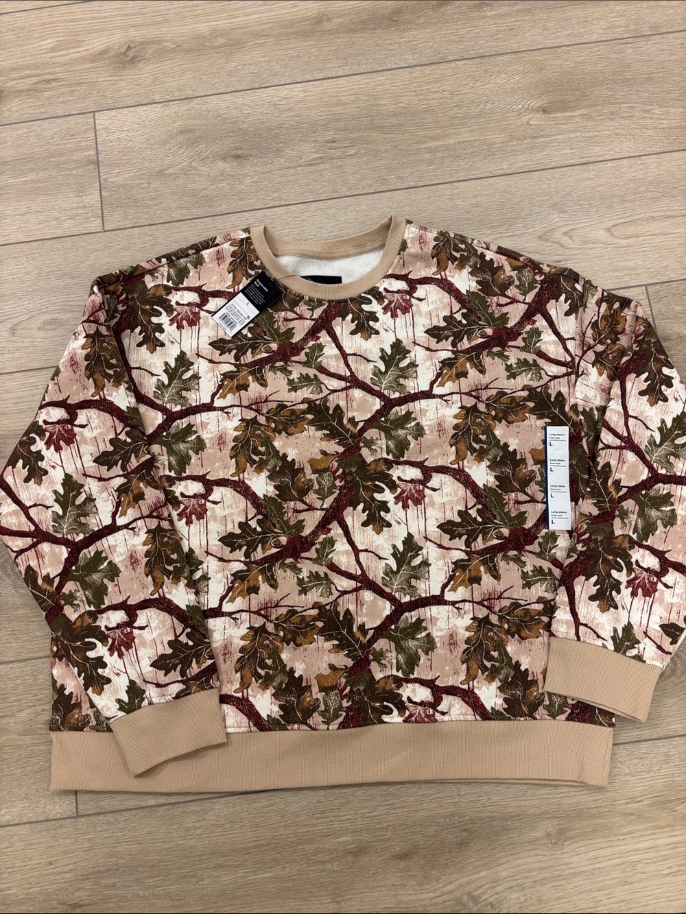 Men's Beige Leaf-Print Crewneck Sweater